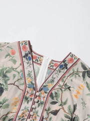 Floral Three Quarter Sleeve Tunic Spliced Lace Up Dress