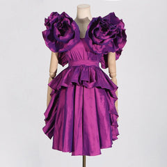 Purple Ruffle Edge V-Neck Mini Dress