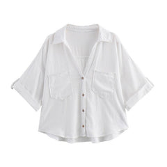 Linen Blend Pocket Casual Short Shirt