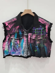 Hand-Painted Graffiti Short Denim Vest
