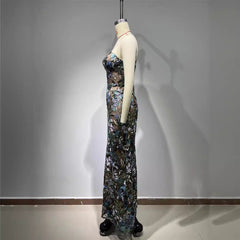 Sequined Blue Embroidered Floral Tube Backless Dress