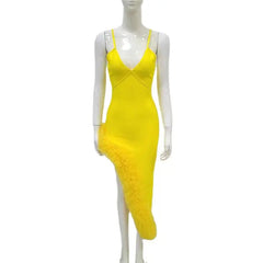 Yellow Thin-Strap Bandage Ruffled Dress
