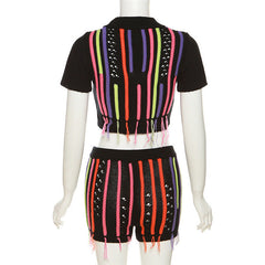 Sweet Knitted Embroidered Tassel Cropped Top + Shorts Set
