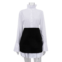 Retro Flared Sleeves Pleated Stand Collar Shirt + Skirt Set