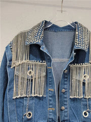 Spliced Diamond Tassel Long Sleeved Denim Jacket