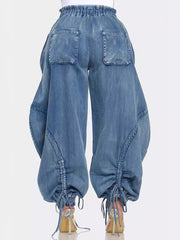 Pre Order: Balloon Elastic Waistband Denim Jeans