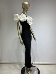 Large White Flower Black Bandage Dress