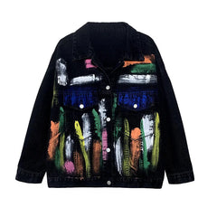Hand-Painted Color Long Sleeve Loose Denim Jacket