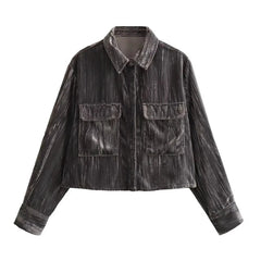 Retro Velvet Collar Button Shirt + Side Zip Straight Skirt