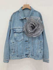 Spliced 3D Flower Long Sleeve Blue Denim Jacket