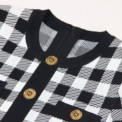 Plaid Short Sleeved Bodycon Knitted Dress