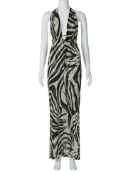 Patchwork V-Neck Backless Lace Up Maxi Dress