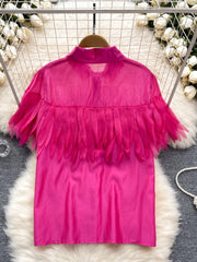 Solid Bubble Sleeve Tassel Blouse