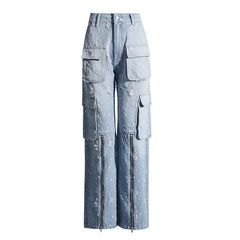 Pre Order: Blue Ripped Distressed Multi-Pocket High Waist Long Jeans