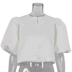 Solid Bubble Sleeve Satin Blouse