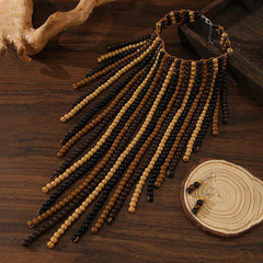 Pre Order: Bohemian Wood Bead Multi-Layer Tassel Necklace + Earrings Set