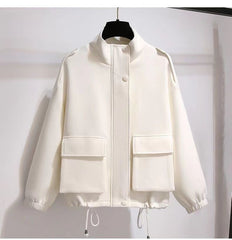 Solid Loose Drawstring Zip Up Oversized Jacket