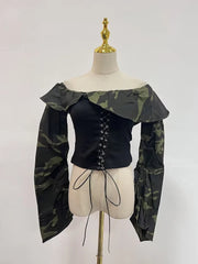 Off Shoulder Camouflage Patchwork Shirt