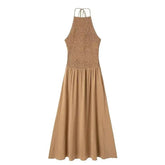 Solid Pleated Halter Neck Dress