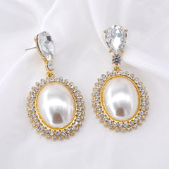 Pre Order: Big Oval Pearl Crystal Long Drop Earrings