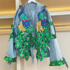 V-neck 3D Peacock Sequined Embroidery Denim Jacket