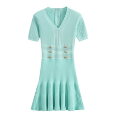 V-Neck Waist Cinched Knitted Dress