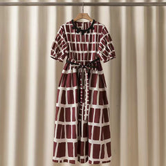 Geometric Round Neck Short Sleeve Waist Tie Dress