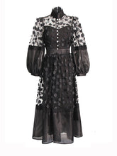 Stand Collar Mesh See-Through Puff Sleeves Floral Dress