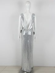 Silver Sequined 3D Flower High-Split Maxi Dress