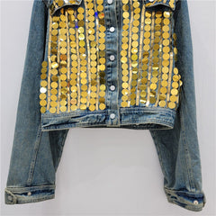 Sequin Spliced Stand Collar Denim Jacket