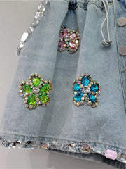 Handmade Flower Diamond Embedding Wide Leg Denim Shorts