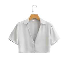 Satin Short Sleeved Cropped Shirt + High Waisted Skirt