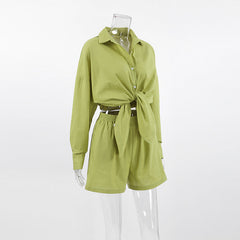 Green Casual Loose Shirt + Shorts Set