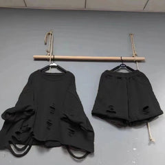 Loose Distressed Shirt + Wide Leg Shorts Set