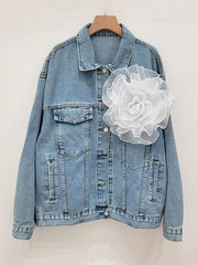 Spliced 3D Flower Long Sleeve Blue Denim Jacket