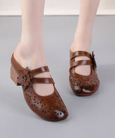Boho Cowhide Leather Splicing Brown Slide Sandals Hollow Out