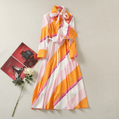 Standing Collar Tie Up Long Sleeved Striped Long Dress