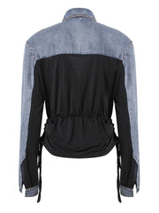Denim Drawstring Pleated V-Neck Long Sleeve Shirt