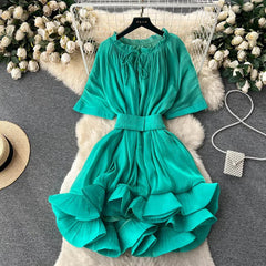 Solid Lace Up Waist Ruffled Hem Fluffy Dress