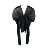 Solid V-Neck Pleated Mesh Patchwork Knitted Sweater