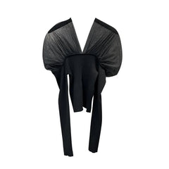 Solid V-Neck Pleated Mesh Patchwork Knitted Sweater