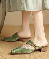 Classy Green Cowhide Leather Splicing Slide Sandals