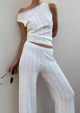 Women White Hollow Out Flatering Knit Vests And Straight Pants Two Piece Set Sleeveless