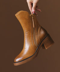 Brown Cowhide Leather Shelsea Boots Chunky Splicing Zippered