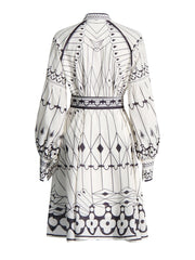 Printed Stand Collar Lantern Sleeve Dress