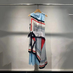 Irregular Sleeveless Tie Waist Printed Dress