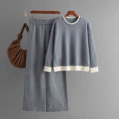 Round Neck Knitted Sweater + Wide Leg Pants Set