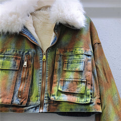 Woolen Collar Denim Short Fleece Jacket