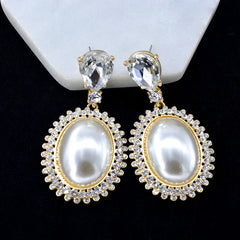 Pre Order: Big Oval Pearl Crystal Long Drop Earrings