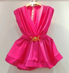 Solid V-Neck Waist Cincher Top